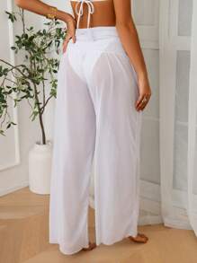 Swim Basics Women's Apricot Pleated Wide Leg Pants With Loose Robe - Apricot - View 2