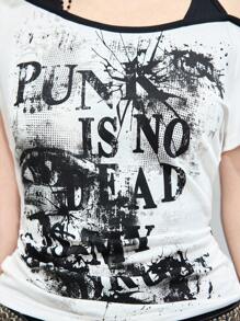 ROMWE Grunge Punk Áo thun tay ngắn liền mạch in hình mắt và chữ Graffiti Y2K cổ điển dành cho nữ - trắng - Xem 2
