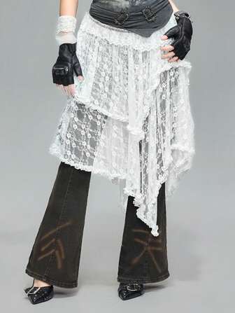 Grunge Punk Gonna asimmetrica con doppio strato di pizzo, nello stile Y2K del Millennio, per donna