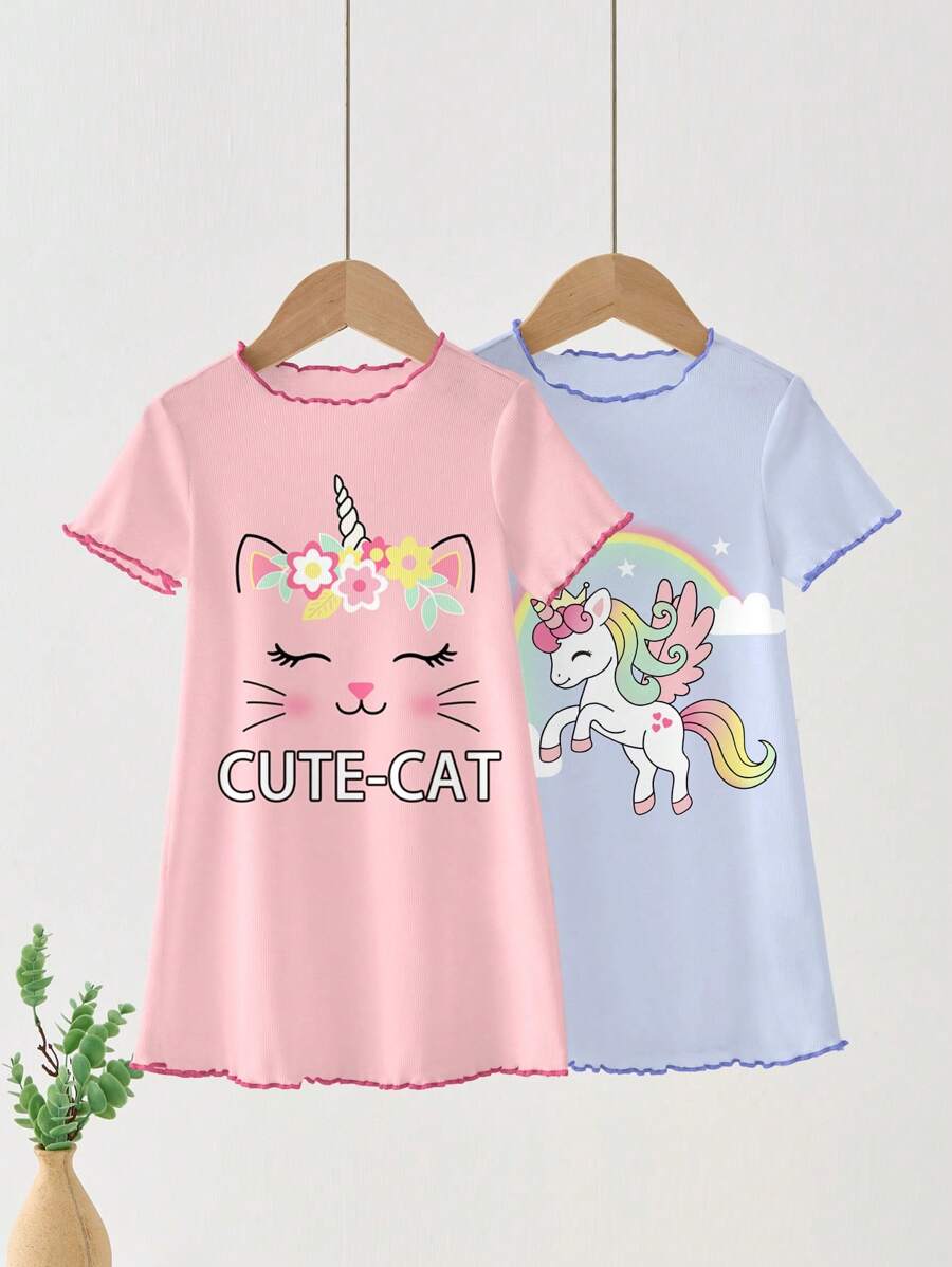 Young Girls Casual Cartoon Graphic Pajama Set, Multi-Piece, Suitable For Summer - Multicolor - View 1