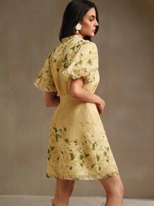 Round Neck Puff Sleeve Printed Front Open A-Line Hem Holiday Mini Dress - Yellow - View 2