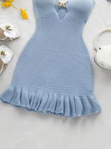 Soleia 女士度假苔绿色露背系带镂空荷叶边下摆迷你针织连衣裙，配有金属扣装饰 - 淺藍色 - 查看 6