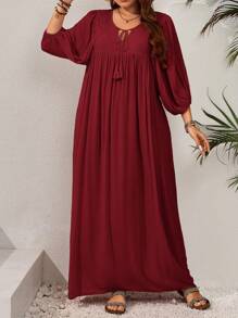 EMERY ROSE Plus Size Women Elegant Contrast Lace Fringe Tie Lantern Sleeve Dress,Flowy Dress,Sun Dresses For Women - Burgundy - View 3