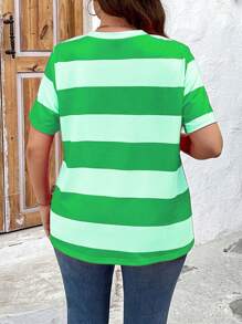 SHEIN LUNE Casual Stylish V-Neck Striped Plus Size Women T-Shirt