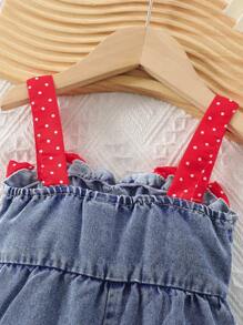 SHEIN 女婴时尚波尔卡圆点撞色肩带蝴蝶结装饰连体衣 - 彩色 - 查看 5