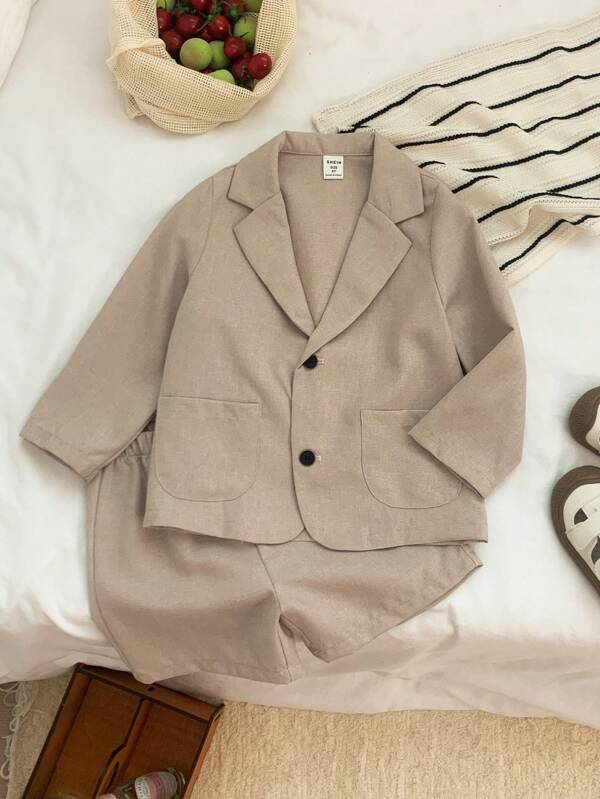 2pcs Young Boy Turndown Collar Long Sleeve Cardigan & Elastic Waist Shorts Set