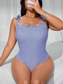 Swim Mod Women's Plus Size One-Piece Swimsuit, Blue & White Striped, Cute Ruffle Trim Tied Design, Casual Floral Style, Suitable For Spring, Summer, Beach Vacation