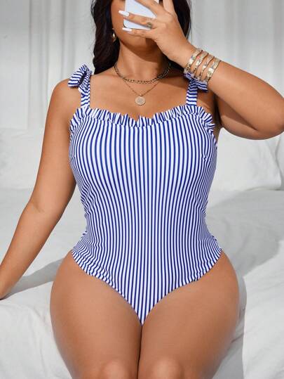 Swim Mod Women's Plus Size One-Piece Swimsuit, Blue & White Striped, Cute Ruffle Trim Tied Design, Casual Floral Style, Suitable For Spring, Summer, Beach Vacation