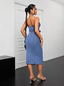 SHEIN ICON Denim Strapless Mini Dress, Fashionable For Summer - Medium Wash - View 2