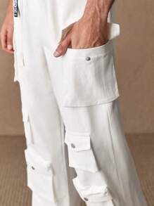 Manfinity ModaGents Pantalones holgados de carga con cordón en la cintura y bolsillos múltiples, para hombres, uso casual en primavera y verano