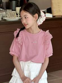 DAZY Camiseta de punto con cuello redondo y aplicación de encaje para niñas preadolescentes, ropa de verano y vuelta al colegio