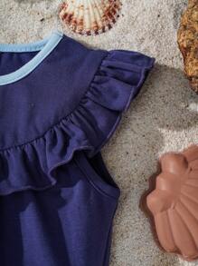 Shark Week X SHEIN Baby Girl Shark Print Purple Ruffle Trim Cute Bodysuit - Navy Blue - View 5