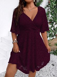 DreamSkyne Đầm ren hoa tay ngắn thanh lịch cỡ lớn cho nữ - Màu đỏ tím - Xem 1