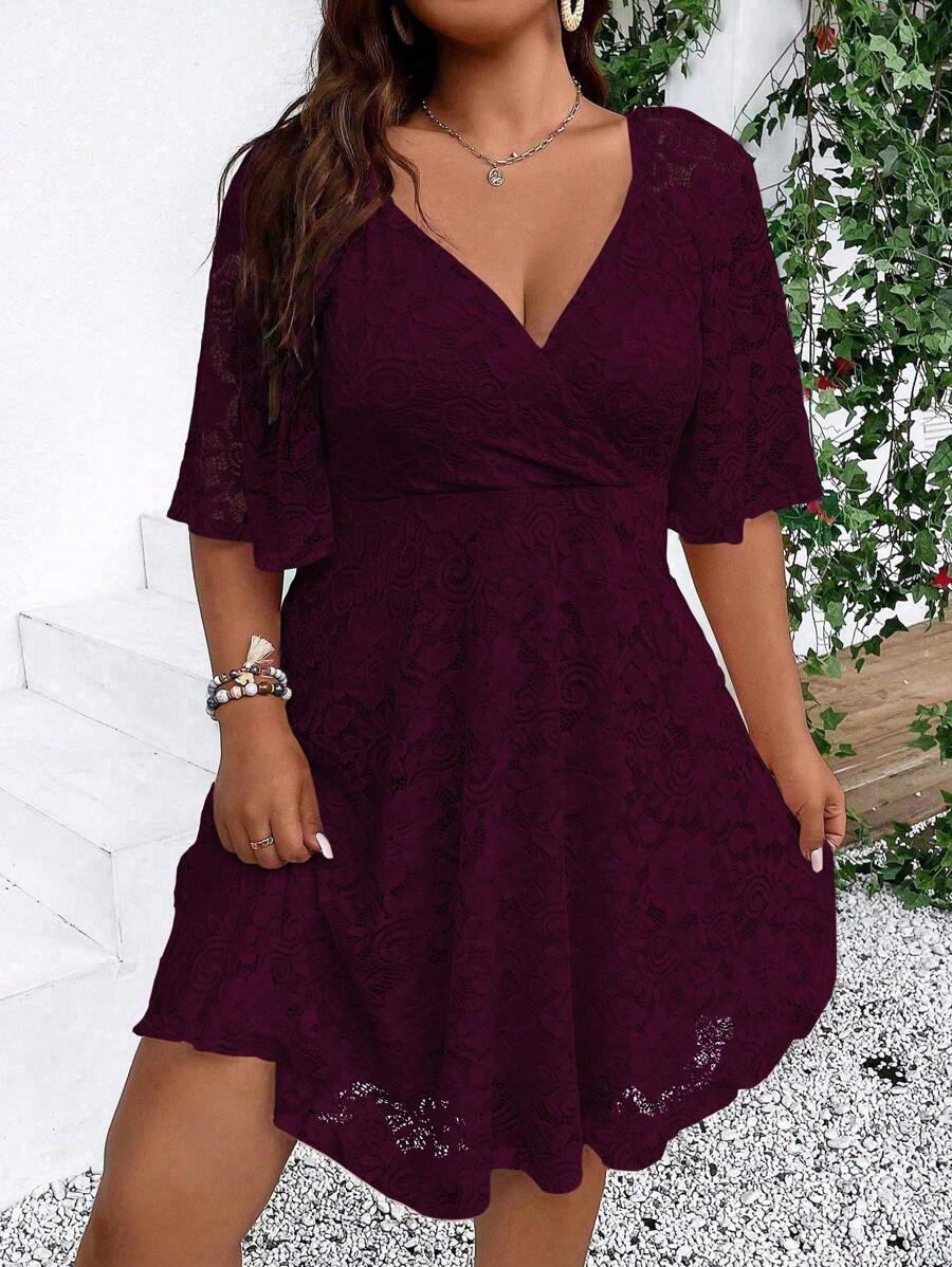 DreamSkyne Đầm ren hoa tay ngắn thanh lịch cỡ lớn cho nữ - Màu đỏ tím - Xem 1