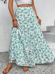 SHEIN VCAY Plus Size Ditsy Floral Skirt, Casual & Relaxing - Teal Blue - View 3