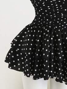 Elamini 黑白波尔卡圆点深 V 领露背修身迷你连衣裙，带荷叶边下摆，波西米亚风度假优雅浪漫性感休闲日常百搭女士夏季 - 黑色 - 查看 5