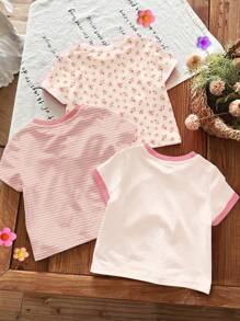 SHEIN 3 件套年轻女孩休闲简约圆领短袖基本款 T 恤，带有可爱的波西米亚花卉、柔和的粉色条纹、3D 蝴蝶结设计，适合春夏季、居家、度假、返校 - 彩色 - 查看 2