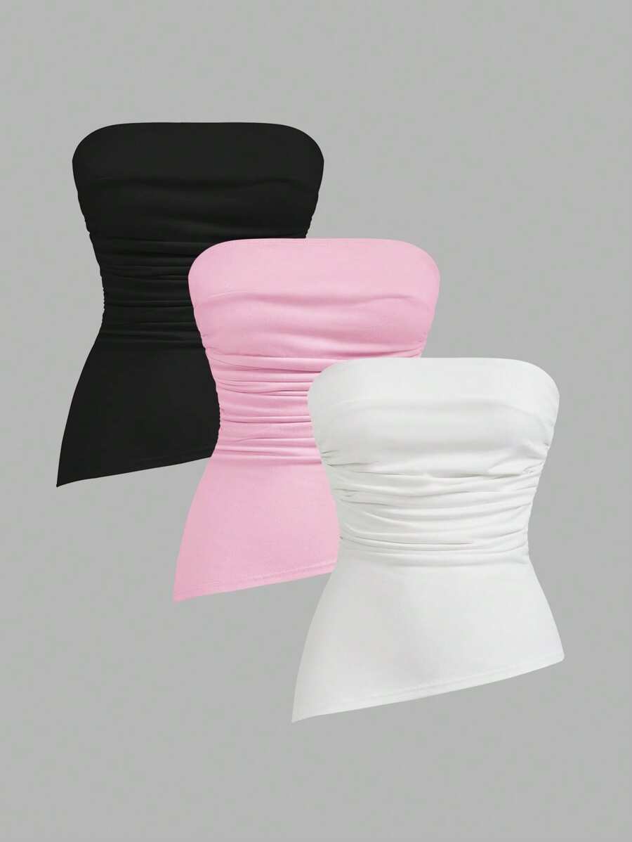 SHEIN EZwear 3 Piece Set Black, White, Pink Women Casual Ruched Slit Tight Camisole Top Set, Suitable For Summer Tube Top Suitable For Going Out