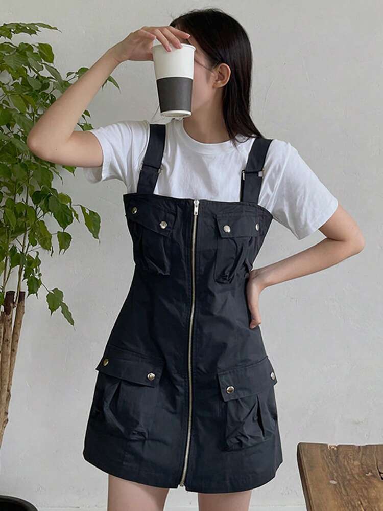Solid Color Pocket Decor Suspender Dress Sleeveless Women Short Shift Dress,Mini Dress,Casual Women Dresses