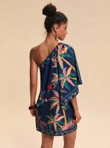 Travachic 度假海滩热带印花不对称肩迷你连衣裙 - 藍色 - 查看 2