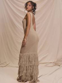 SHEIN X Scheana MUSERA Sleeveless Ribbed Maxi Dress Frill Fray Hem Detail Summer Holiday Vacation Sweater Dress Ibiza Fall Night Out Autumn Winter Everyday Fall Winter   Chic - Brown - View 3