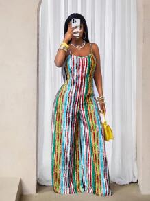 BamGleam 女式全身印花优雅时尚无袖连体裤，夏季 - 彩色 - 查看 4