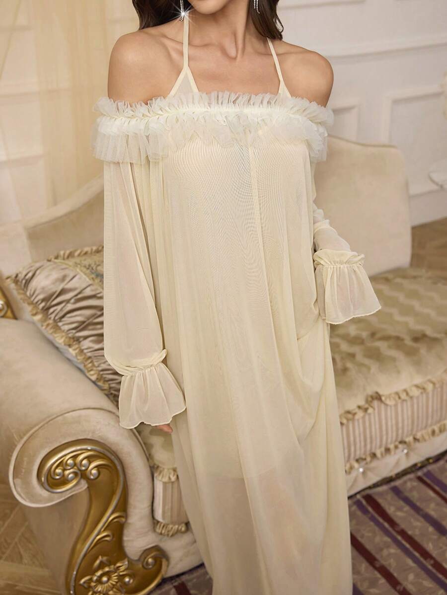 Côtesoire 2 件套 3D 花卉装饰细肩带宽松睡袍和修身短睡裙 - 杏色 - 查看 1