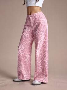 Easelle 女式豹纹口袋宽松阔腿休闲百搭牛仔裤 - 粉色 - 查看 1