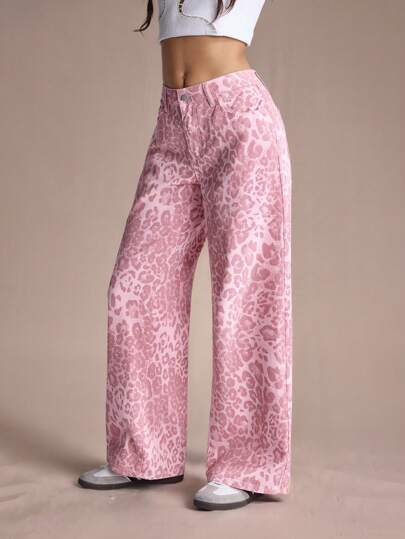 Easelle 女式豹纹口袋宽松阔腿休闲百搭牛仔裤