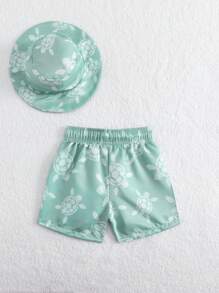 Baby Boy Turtle Print Swim Trunks With Hat, Beach - Multicolor - View 2