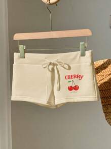 Comfortcana Summer Drawstring Waist Cherry Print Slim Fit Shorts - Apricot - View 3
