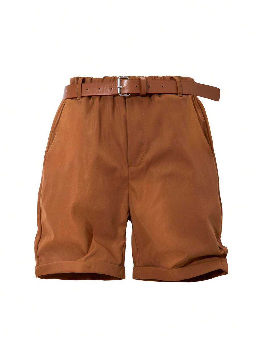 男童时尚休闲织带纯色短裤 - 棕色 - 查看 1