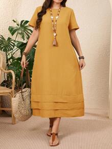 EMERY ROSE 大码纯色短袖休闲度假连衣裙春季女装度假乡村鼠尾草绿