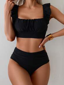 Swim Basics 2 Pieces Women's Elegant Vacation Solid Color Ruffle Strap Pleated Crop Top And High Waist Ruched Triangle Bottom Swimsuit Set, Summer