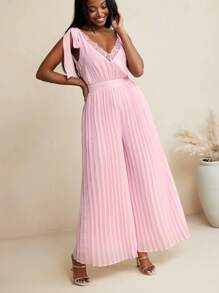 Young Addiction Pink Solid Chiffon Pleated Lace Trim V Neck Wide Leg Pants Jumpsuit For Women Summer Outfit