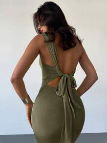 Firerie Vestido maxi elegante y sexy para vacaciones con diseño de un solo hombro con pliegues, espalda descubierta y cintas, adecuado para el Día de San Valentín, la temporada de bodas, el Día de San Patricio, primavera/verano