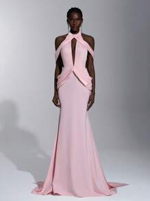 Elitara Elegant And Gorgeous Off Shoulder Pink Luxurious Satin Stand-Up Collar, Dropped Shoulder Sleeves, Sexy Backless Fishtail Skirt With Floating Pieces, Suitable For Dating, Bachelorette Parties, Formal Occasions, Cocktail Parties, Banquets, Evening Dresses - Pink - View 7