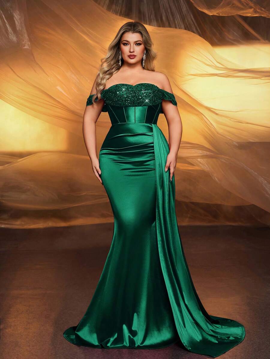 Glamrae Vestido de sirena elegante, de lujo y asimétrico con mangas de lentejuelas y parches, satén elástico y fruncido con abertura lateral, adecuado para bodas, fiestas, festivales, galas, ocasiones formales, como vestido de noche o para invitados de boda