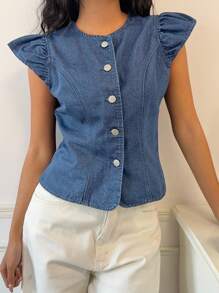 K-Vae Women's Denim Shirt, Casual Fitted Style With Round Neck, Blue