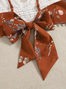 SHEIN VCAY Tie Back Crochet Cami Top & Paperbag Waist Floral Shorts Set Two Pieces Set