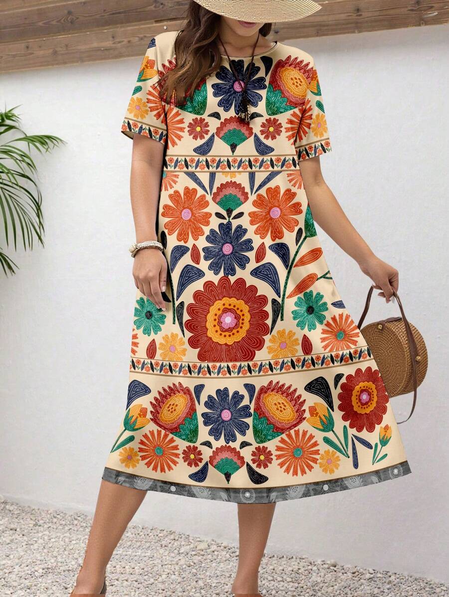 EMERY ROSE Plus Size Women's Vintage Floral Print Casual Dress Resort Wear Ladies Summer Clothing Suitable For Going Out Chic Dress