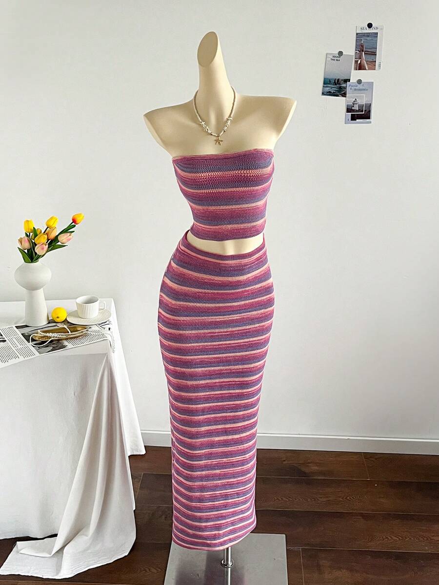 Soleia 2pcs Women Set: Stripe Print Tube Top And Miniskirt With Sweater - Hot Pink - View 1