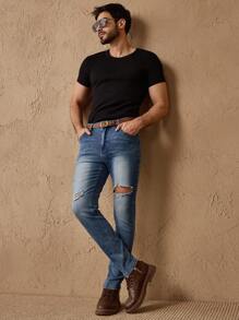 Manfinity NXTstreet Slim Fit Men's Stretch Ripped Distressed Skinny Jeans - Blue - View 2