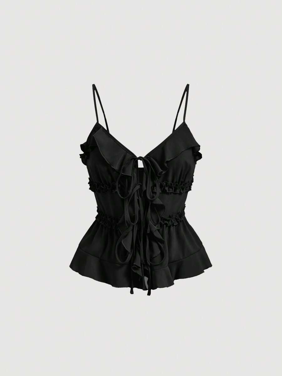 SHEIN MOD Áo Bralette không dây màu đen ôm sát mùa hè có nút thắt phía trước và dây đai phía sau - màu đen - Xem 1