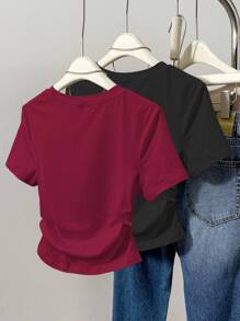 Slimming Crop Short Sleeve Top With Side Drawstring, 2Pcs Summer Casual Set For Women - Multicolor - View 2