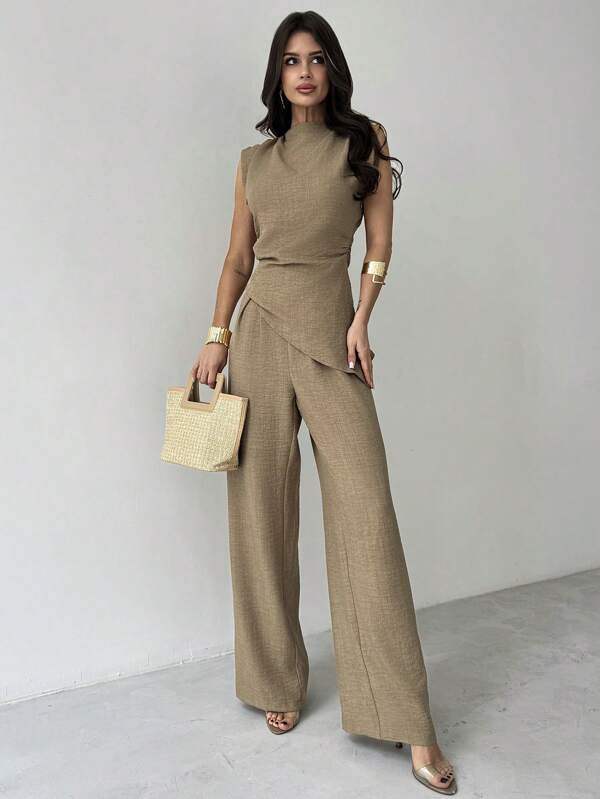 Firerie Women 2-Piece Khaki Minimalist Elegant Casual Commuter Office Outfit: Sleeveless Asymmetric Ruched Waist Blouse + Regular Ruched Wide Leg Pants, Linen Commuter Suit, Beach Outfits, Airport Outfit, Vacation Outfits, Teacher Outfit,Graduation,Teacher Outfits For Women,Back To School