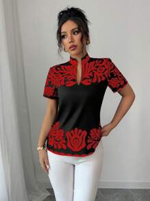 Elenzga Women's Short Sleeve Floral Print Notched V-Neck Fashion Blouse - Multicolor - View 5