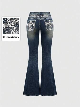 Grunge Punk Y2K Retro Chic Distressed Pockets Cross Wings Embroidered Fitted Flared Jeans, Plus Size