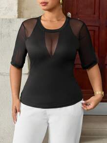 Elenzga Áo thun tay ngắn cổ tròn màu đen trơn gợi cảm cỡ lớn cho nữ, ngày xuân và hè - màu đen - Xem 6