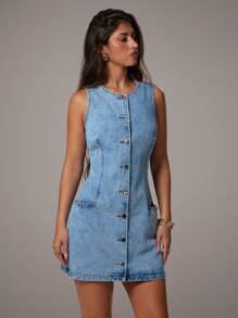 Avantive Váy denim bó sát không tay cổ tròn mùa hè mới với hàng nút trang trí bằng kim loại hai hàng - Rửa nhẹ - Xem 1